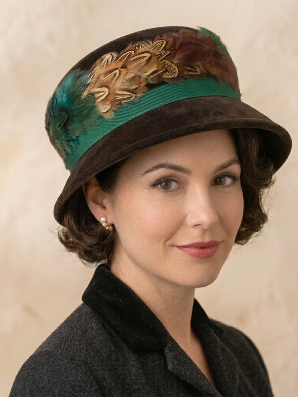 Vintage 1950s Feather Pillbox Hat Italian Wool Lonette Originals Brown Teal